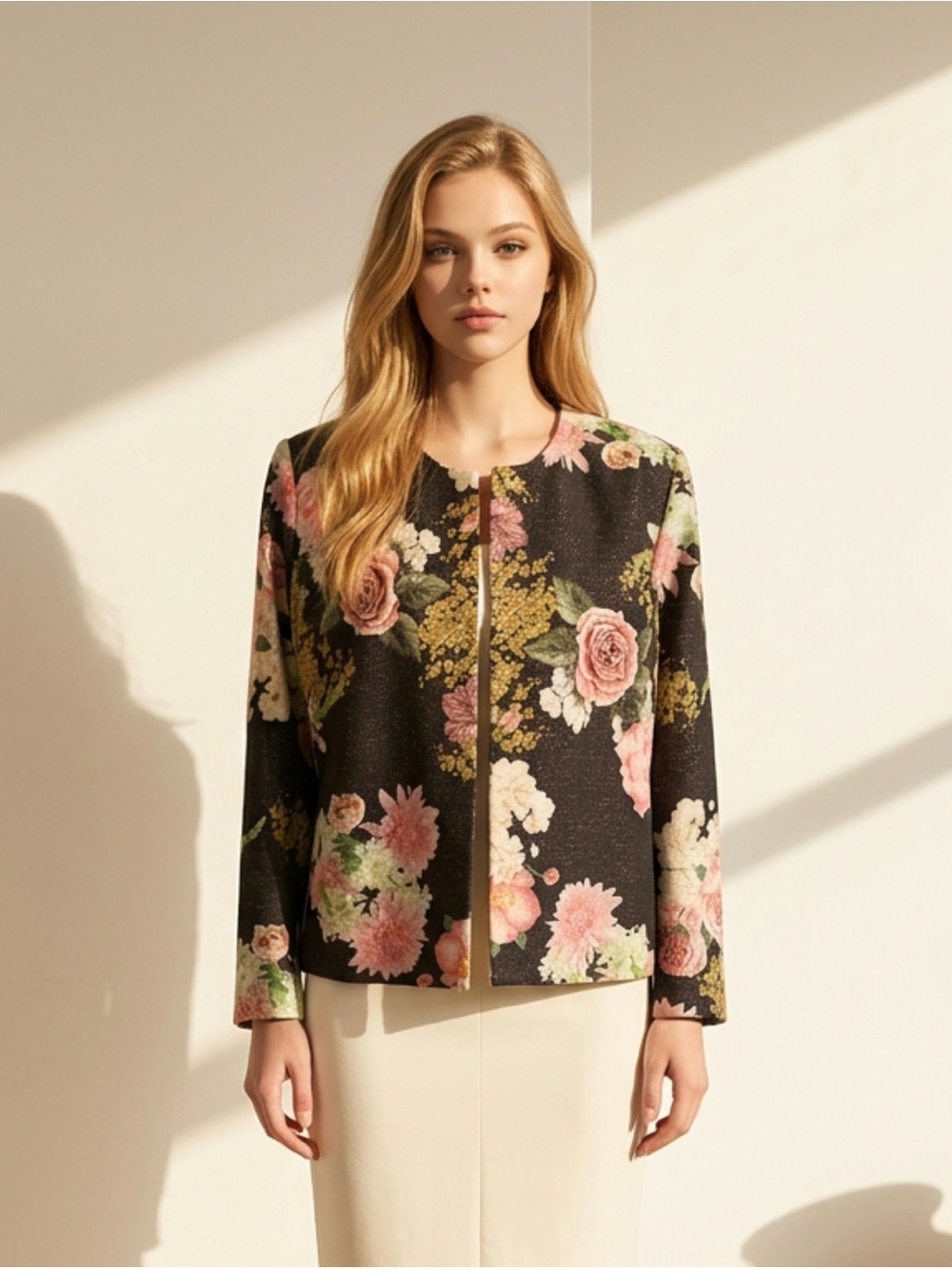 Black Floral Open-Front Jacket with Pink Accents - Women's